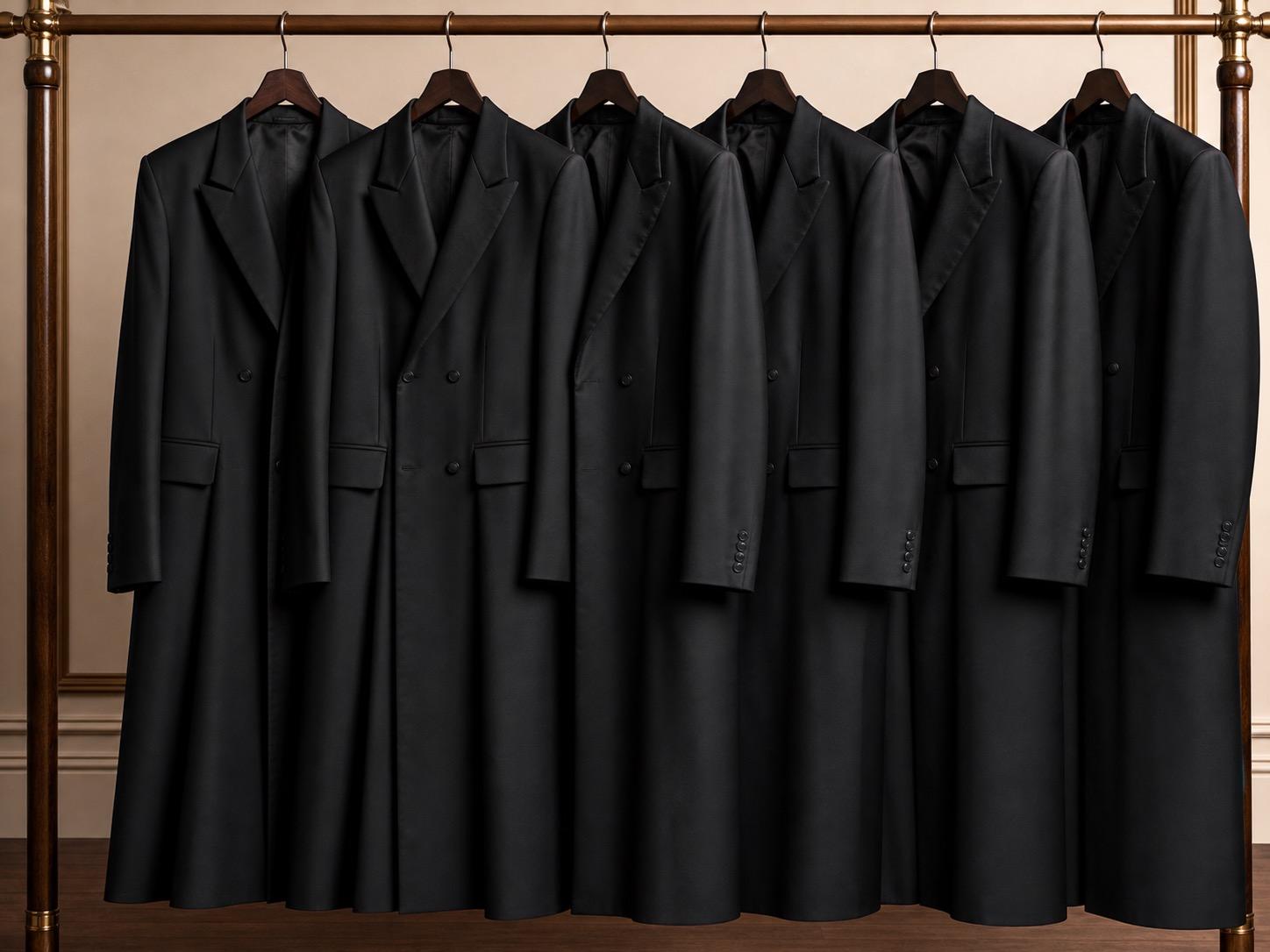 Black long bekeshe-style coats hanging neatly on a rack