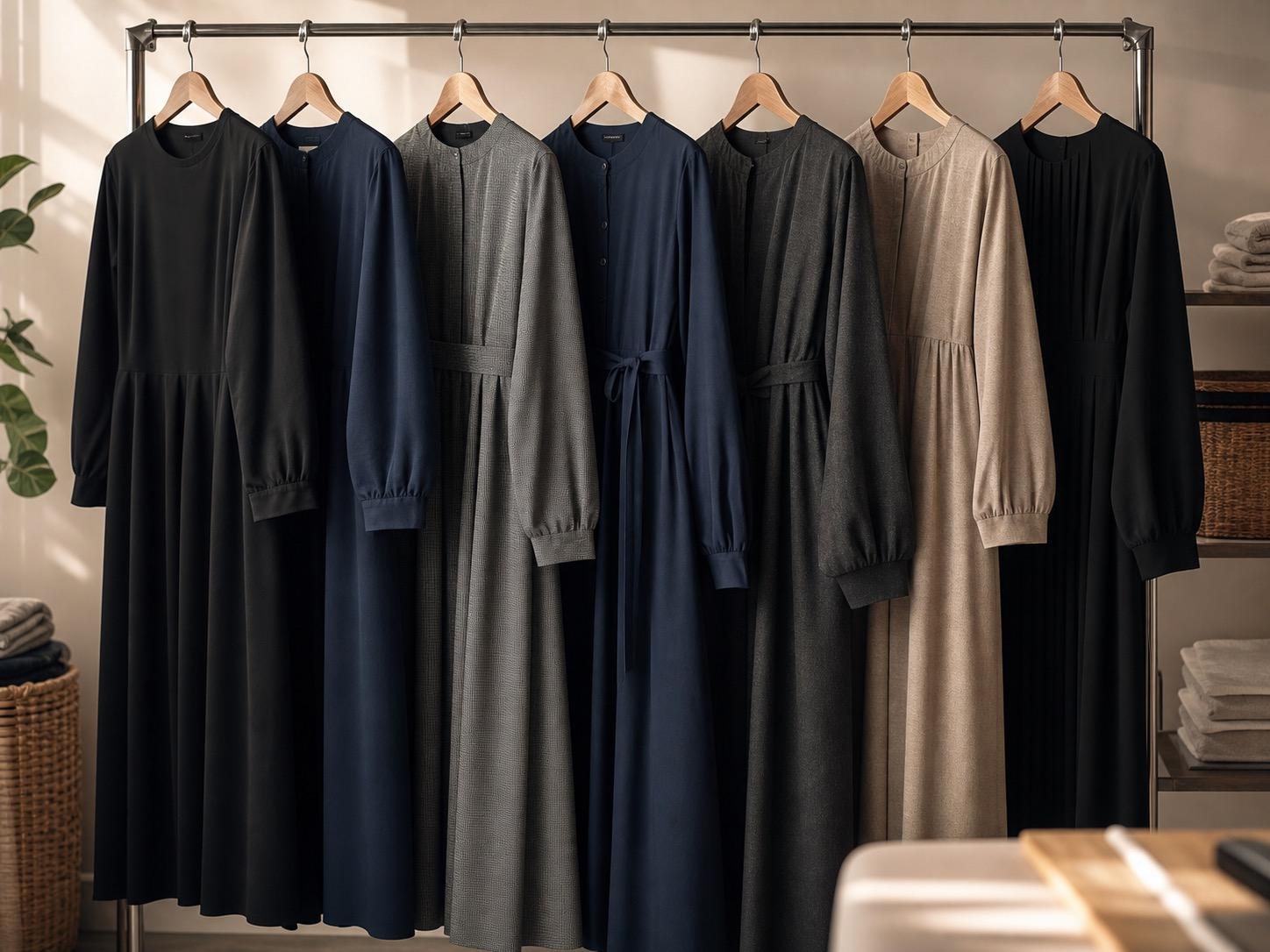 Modest long-sleeve dresses hanging neatly on a rack