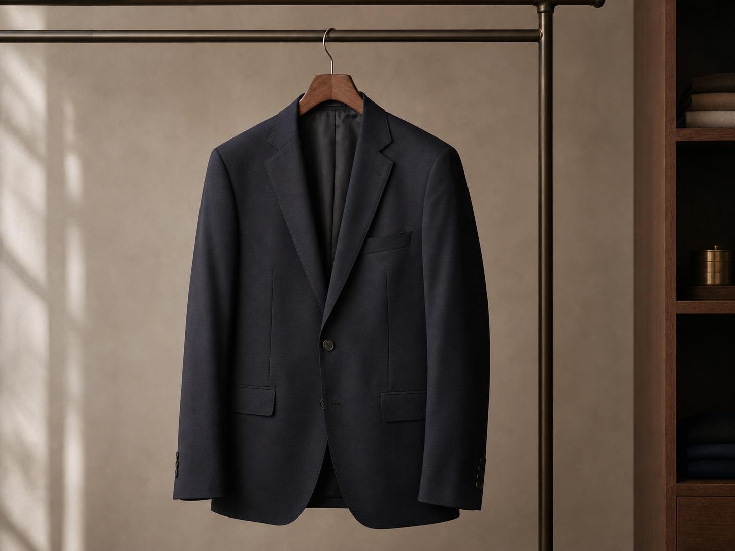 Tailored dress jacket hanging neatly on a wooden hanger
