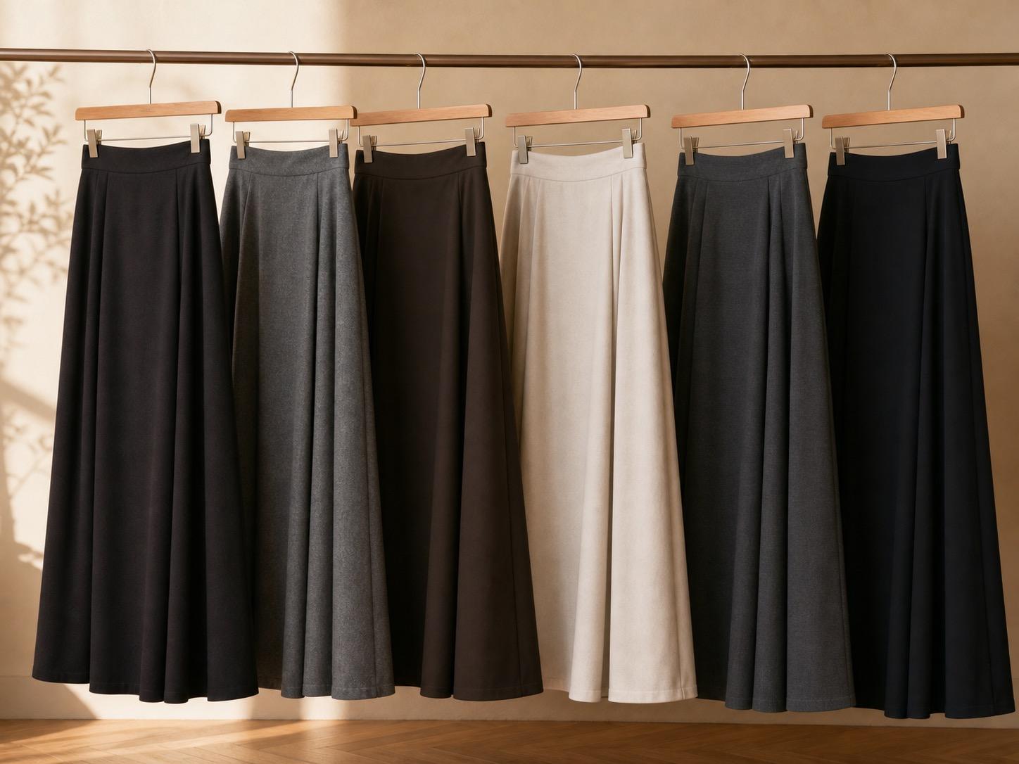 Long modest skirts hanging neatly on wooden hangers
