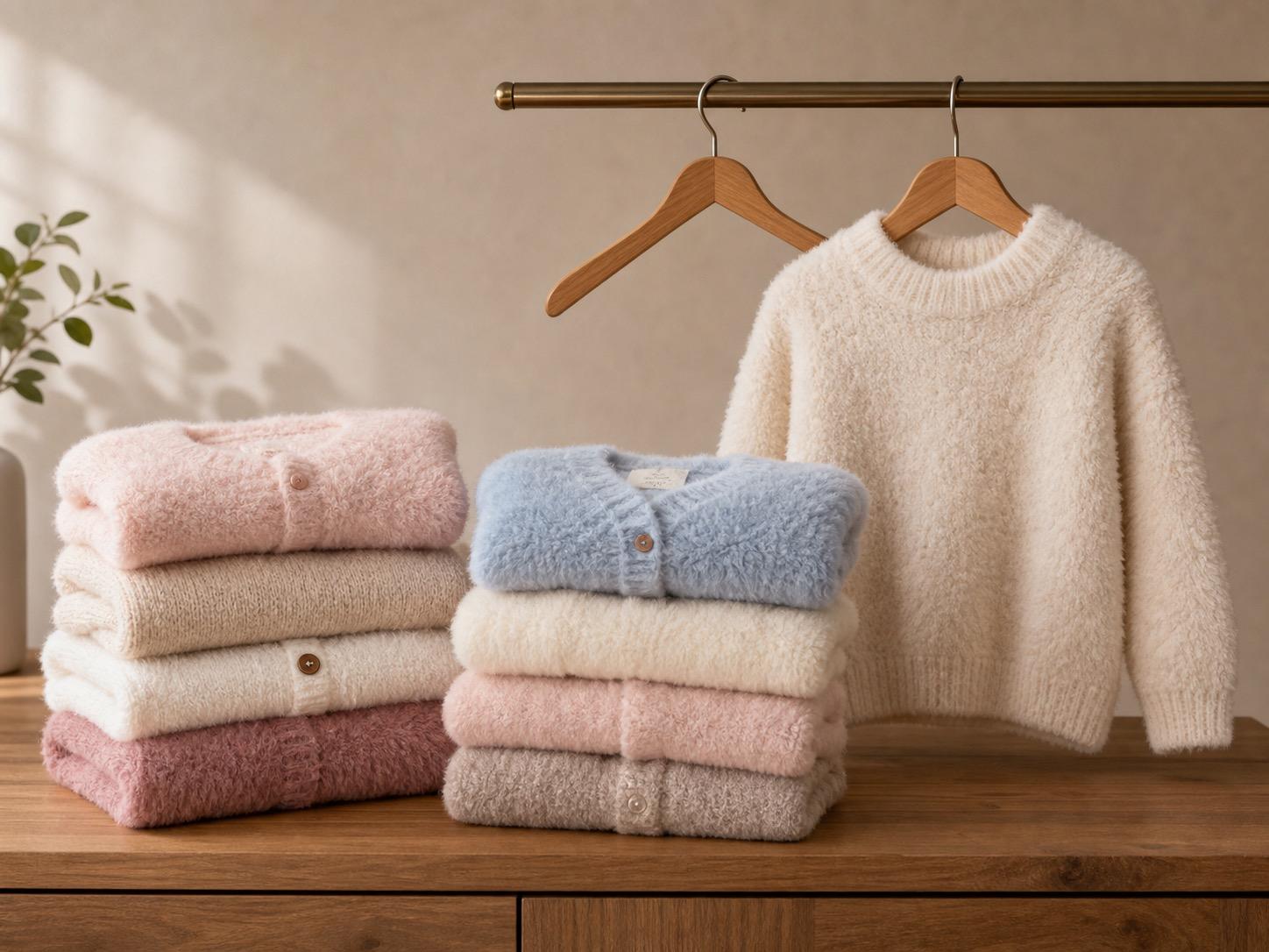 Soft fluffy children's sweaters neatly arranged for cleaning